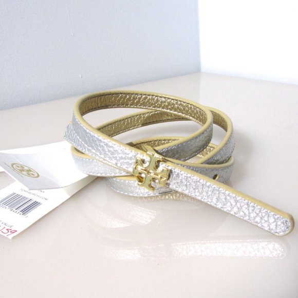Tory Burch REVERSIBLE Silver Gold Skinny Belt Logo Buckle Metallic 48212 - Picture 3 of 6